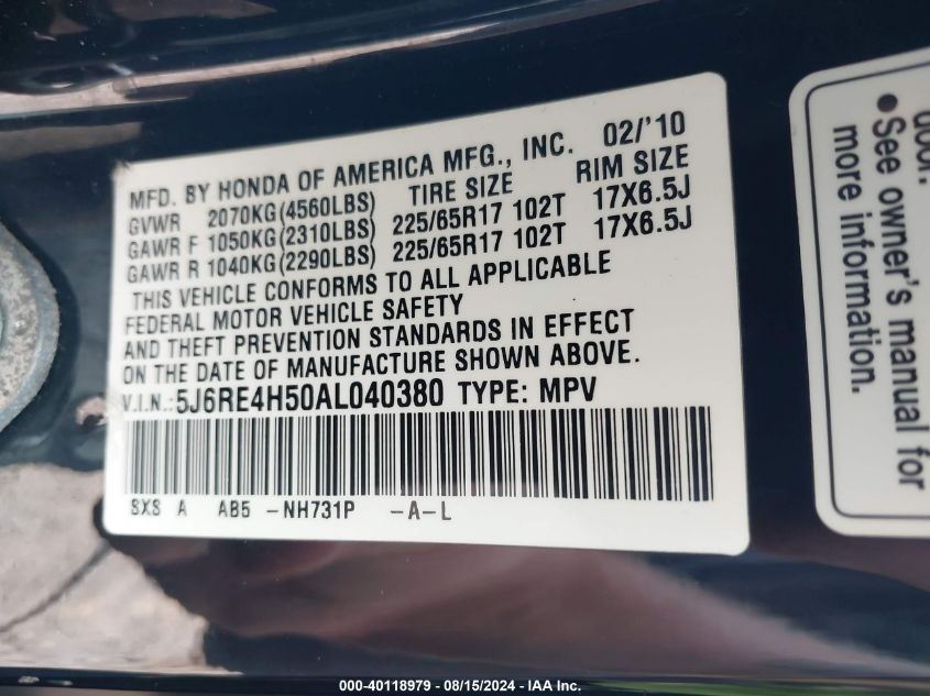 2010 Honda Cr-V Ex VIN: 5J6RE4H50AL040380 Lot: 40118979