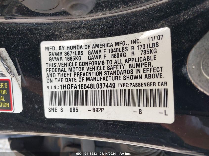 2008 Honda Civic Sdn Lx VIN: 1HGFA16548L037449 Lot: 40118983