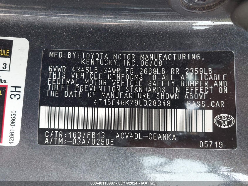2009 Toyota Camry Le VIN: 4T1BE46K79U328348 Lot: 40118997