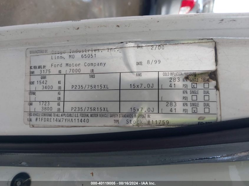 2000 Ford E-150 Recreational VIN: 1FDRE14W7YHA11440 Lot: 40119005