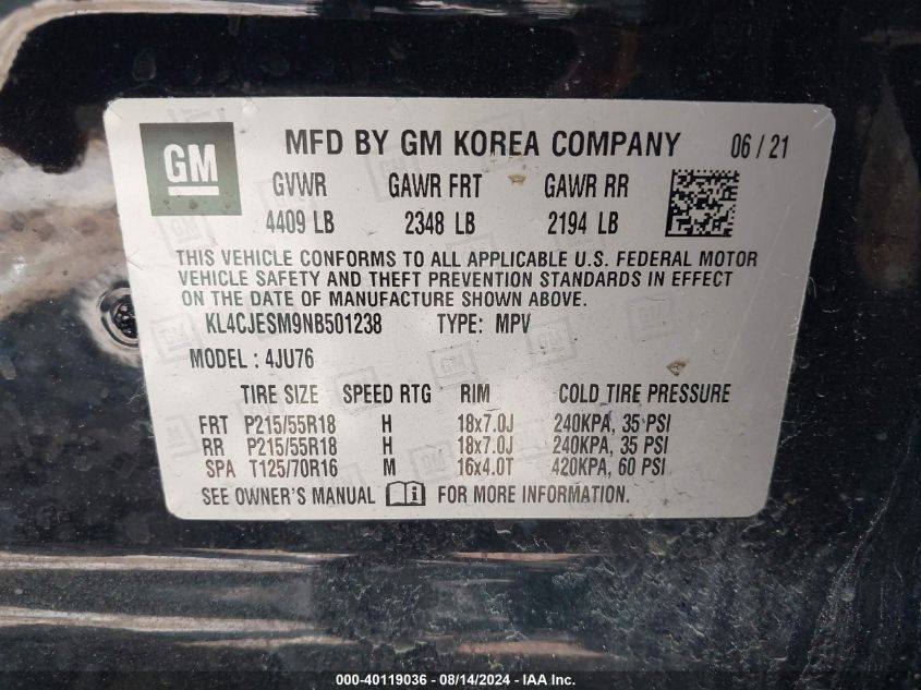 2022 Buick Encore Awd Preferred VIN: KL4CJESM9NB501238 Lot: 40119036