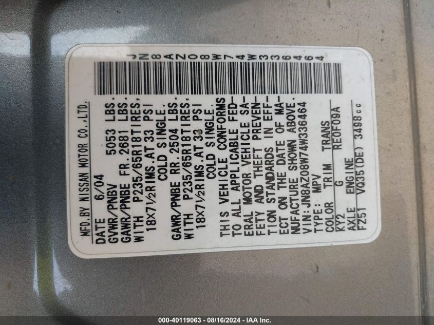 2004 Nissan Murano Sl/Se VIN: JN8AZ08W74W336464 Lot: 40119063