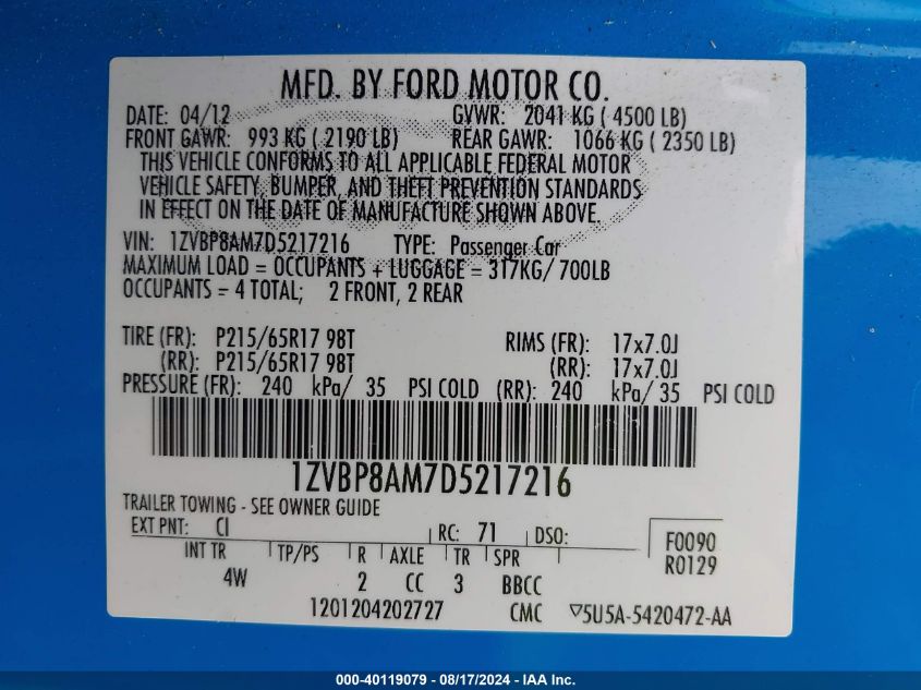 2013 Ford Mustang V6 Premium VIN: 1ZVBP8AM7D5217216 Lot: 40119079