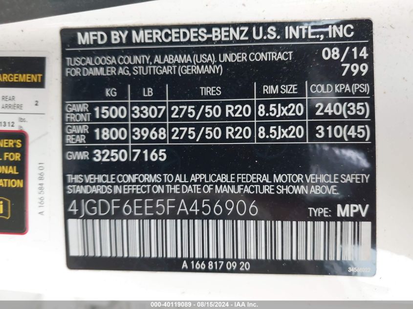 4JGDF6EE5FA456906 2015 Mercedes-Benz Gl 450 4Matic