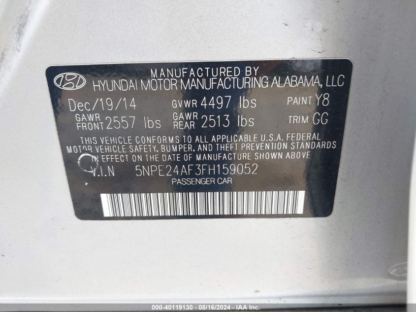 2015 Hyundai Sonata Se VIN: 5NPE24AF3FH159052 Lot: 40119130