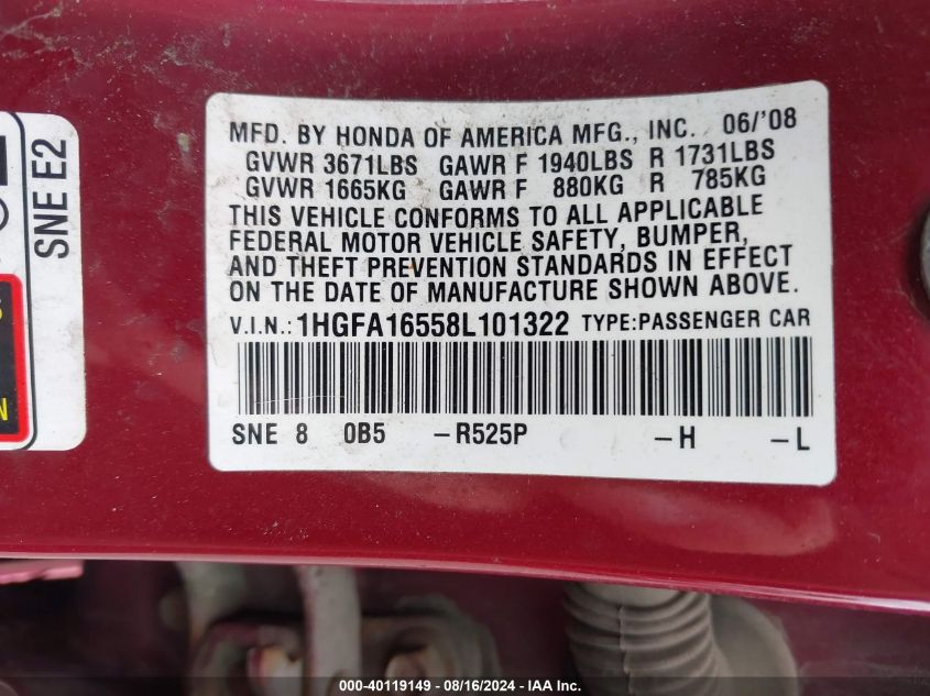 2008 Honda Civic Sdn Lx VIN: 1HGFA16558L101322 Lot: 40119149