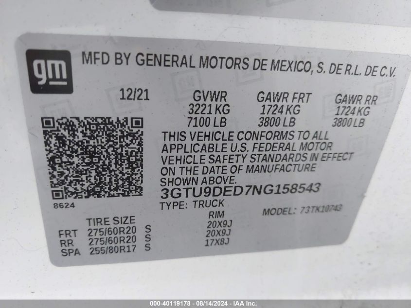 2022 GMC Sierra 1500 Limited 4Wd Standard Box Slt VIN: 3GTU9DED7NG158543 Lot: 40119178