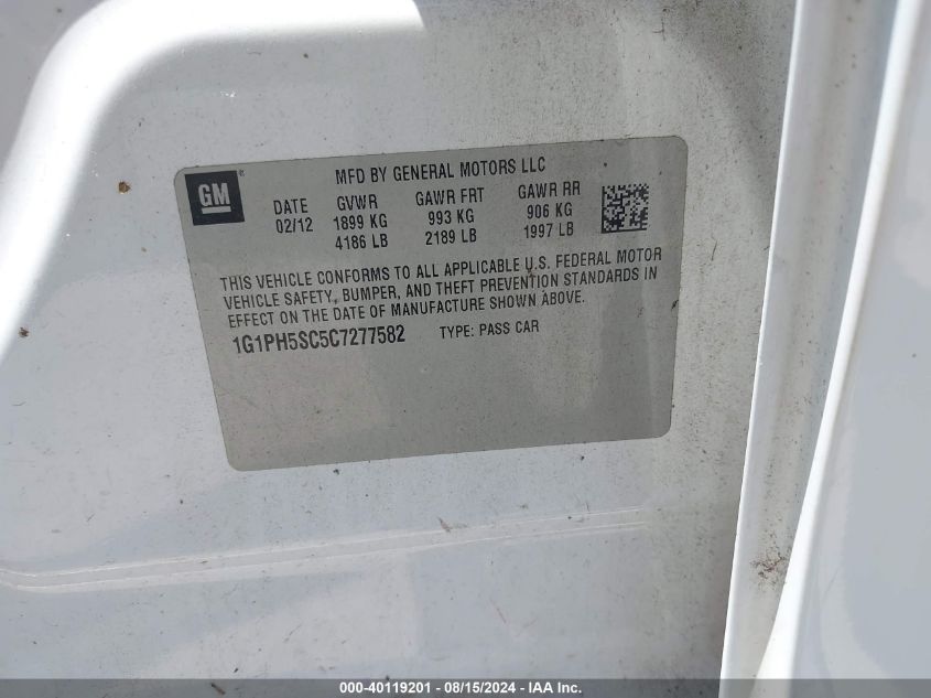 2012 Chevrolet Cruze Ltz VIN: 1G1PH5SC5C7277582 Lot: 40119201