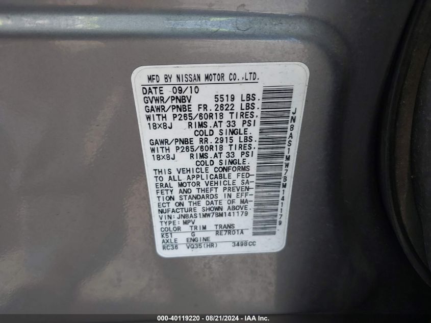 2011 Infiniti Fx35 VIN: JN8AS1MW7BM141179 Lot: 40119220