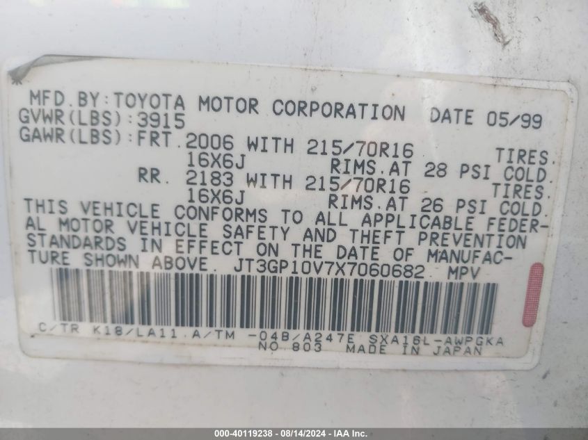 1999 Toyota Rav4 VIN: JT3GP10V7X7060682 Lot: 40119238