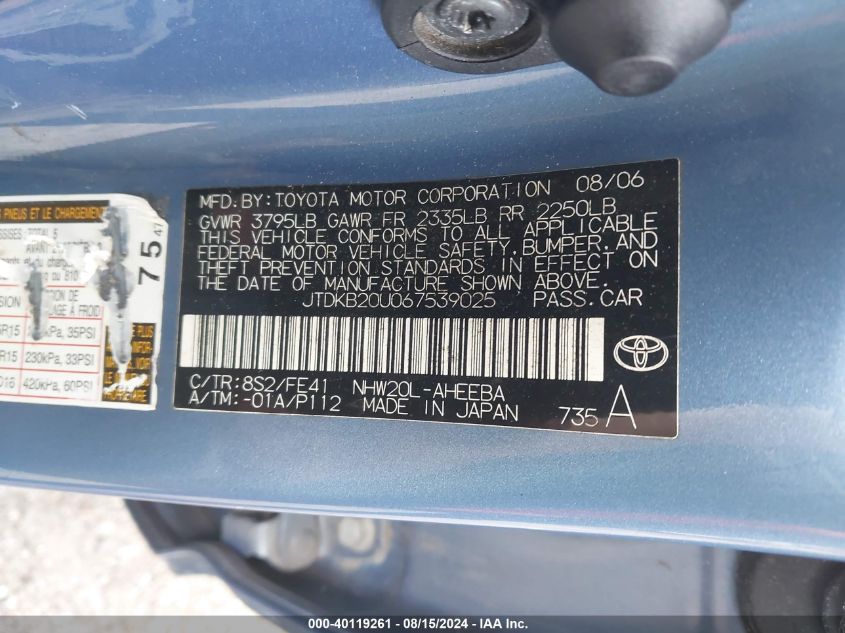 2006 Toyota Prius VIN: JTDKB20U067539025 Lot: 40119261