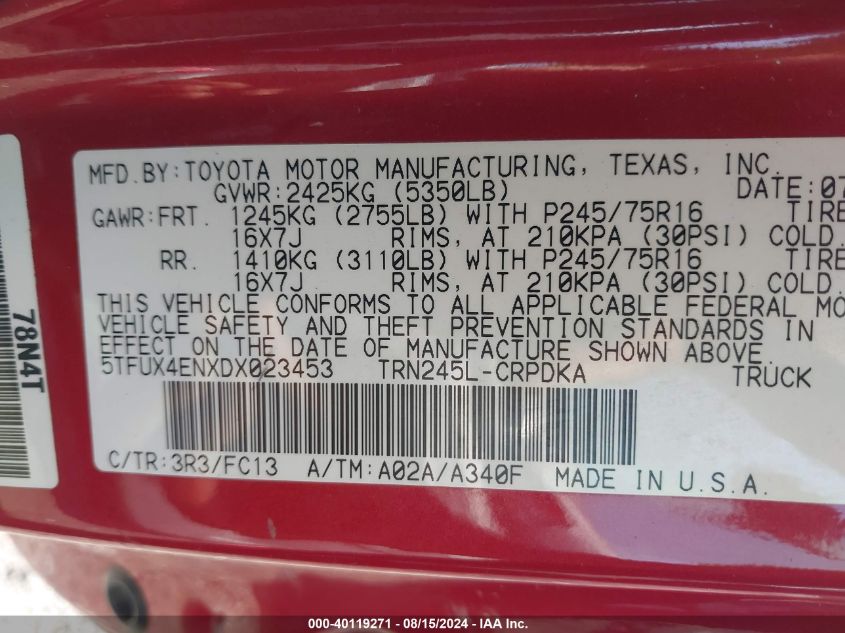 5TFUX4ENXDX023453 2013 Toyota Tacoma Access Cab