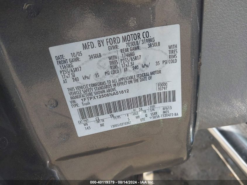 2006 Ford F-150 Lariat/Xl/Xlt VIN: 1FTPX12506NA51812 Lot: 40119379