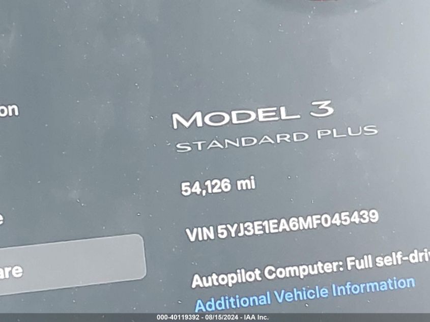 2021 Tesla Model 3 Standard Range Plus Rear-Wheel Drive VIN: 5YJ3E1EA6MF045439 Lot: 40119392