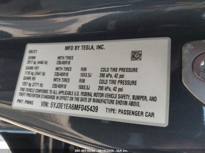 2021 Tesla Model 3 Standard Range Plus Rear-Wheel Drive VIN: 5YJ3E1EA6MF045439 Lot: 40119392