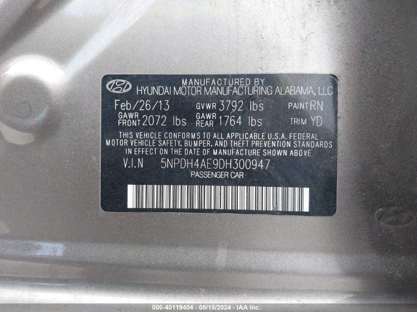 5NPDH4AE9DH300947 2013 Hyundai Elantra Gls