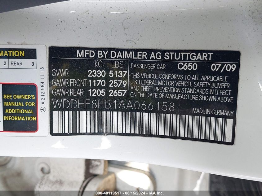 2010 Mercedes-Benz E 350 4Matic VIN: WDDHF8HB1AA066158 Lot: 40119517