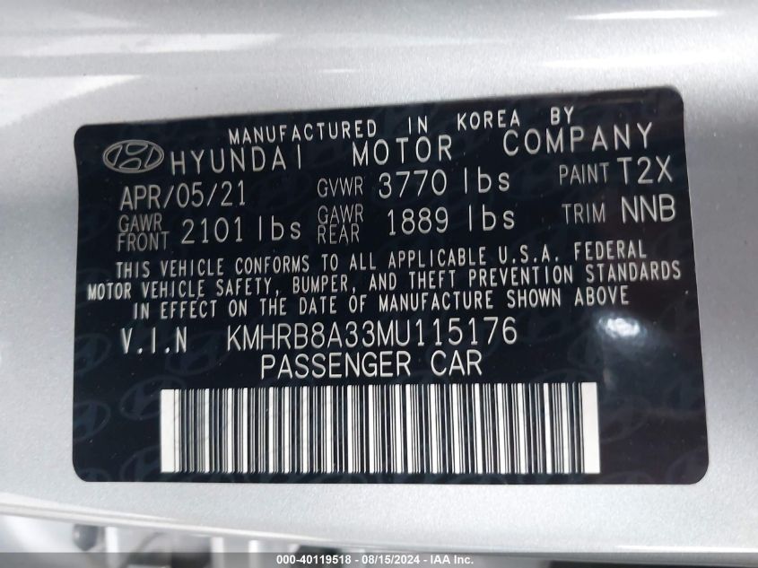 2021 Hyundai Venue Se VIN: KMHRB8A33MU115176 Lot: 40119518