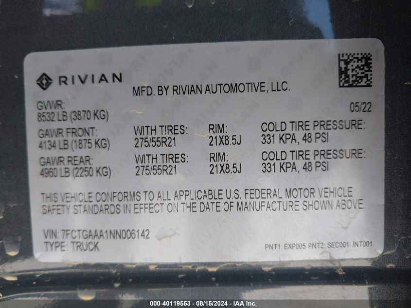 2022 Rivian R1T Adventure VIN: 7FCTGAAA1NN006142 Lot: 40119553