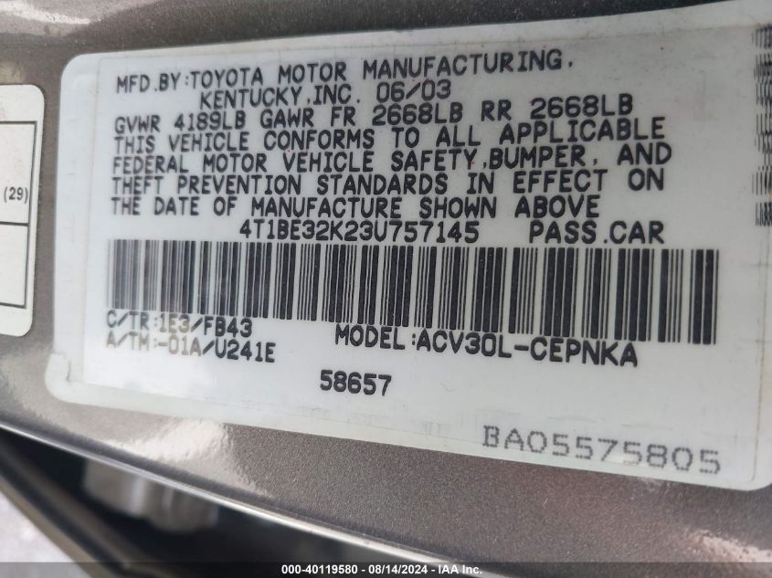 2003 Toyota Camry Le VIN: 4T1BE32K23U757145 Lot: 40119580