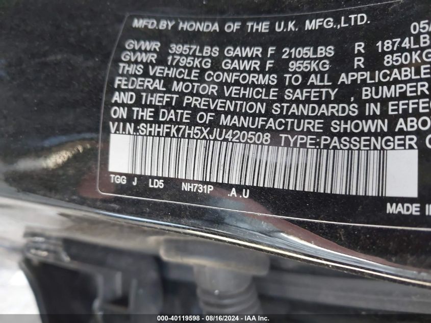 2018 Honda Civic Ex VIN: SHHFK7H5XJU420508 Lot: 40119598