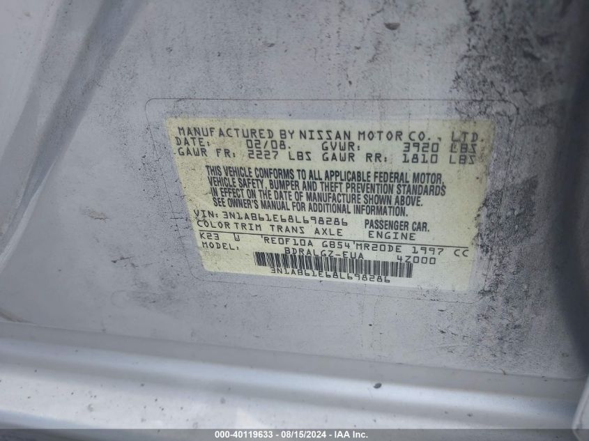 2008 Nissan Sentra 2.0Sl VIN: 3N1AB61E68L698286 Lot: 40119633