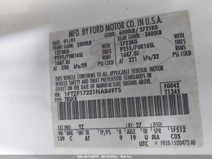 2001 Ford F-150 Xl/Xlt VIN: 1FTZF17221NA84975 Lot: 40119679