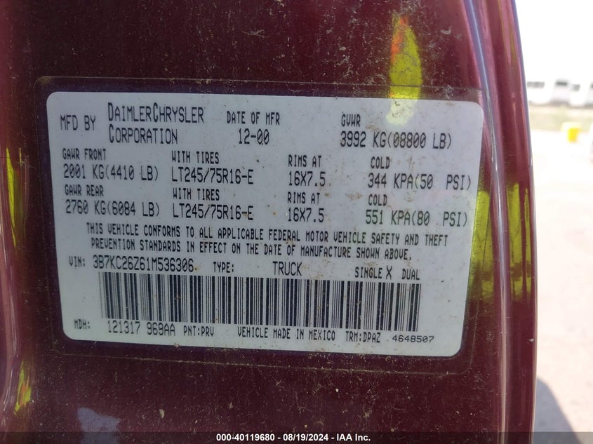 2001 Dodge Ram 2500 St VIN: 3B7KC26Z61M536306 Lot: 40119680