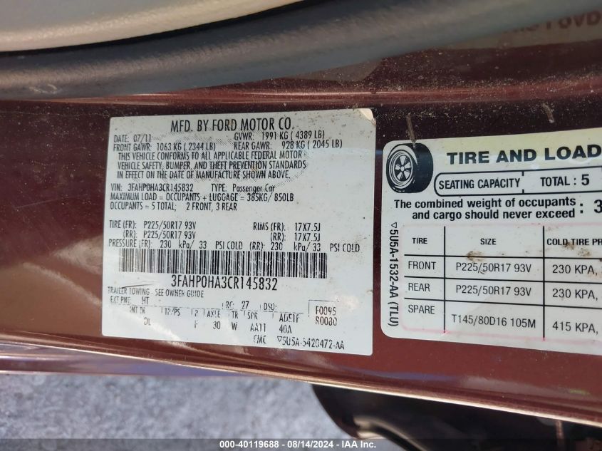 2012 Ford Fusion Se VIN: 3FAHP0HA3CR145832 Lot: 40119688