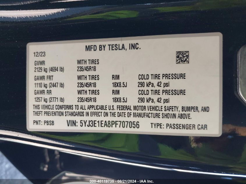 2023 Tesla Model 3 Rear-Wheel Drive VIN: 5YJ3E1EA8PF707056 Lot: 40119735