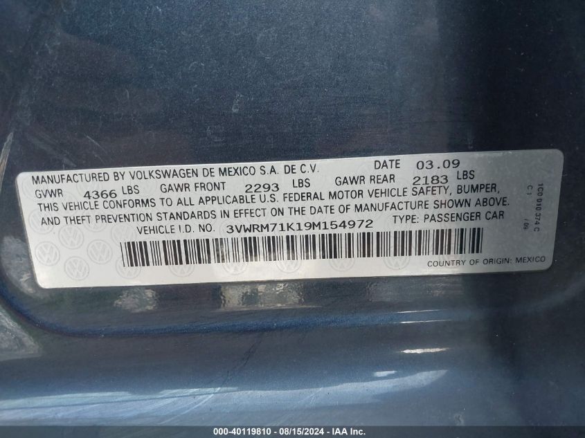 2009 Volkswagen Jetta Se VIN: 3VWRM71K19M154972 Lot: 40119810