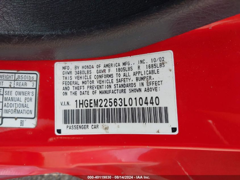 2003 Honda Civic Lx VIN: 1HGEM22563L010440 Lot: 40119830