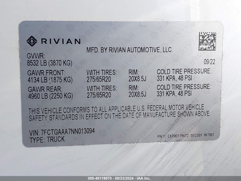 2022 Rivian R1T Adventure VIN: 7FCTGAAA7NN013094 Lot: 40119870