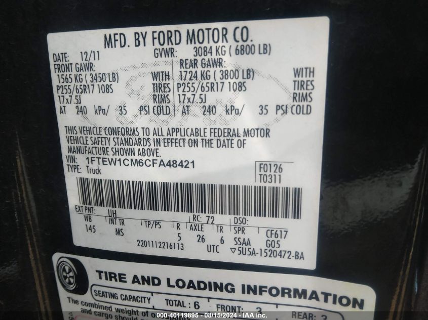 2012 Ford F-150 Xlt VIN: 1FTEW1CM6CFA48421 Lot: 40119895