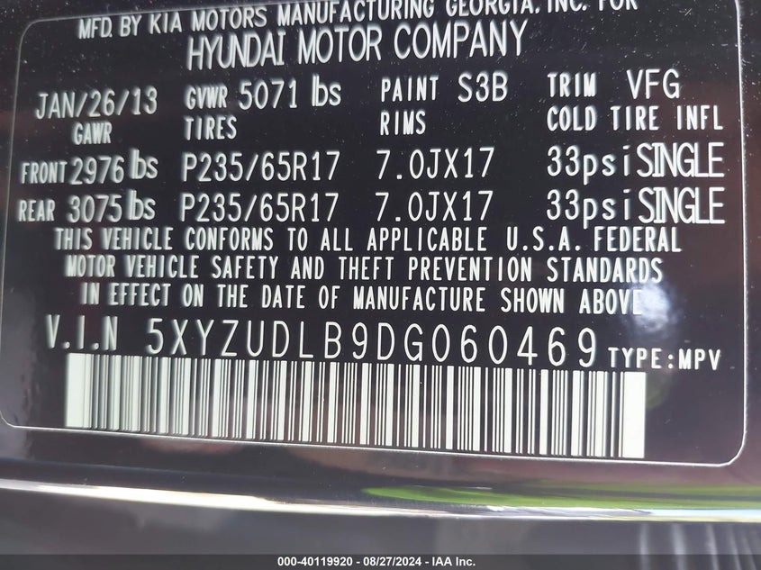 2013 Hyundai Santa Fe Sport VIN: 5XYZUDLB9DG060469 Lot: 40119920