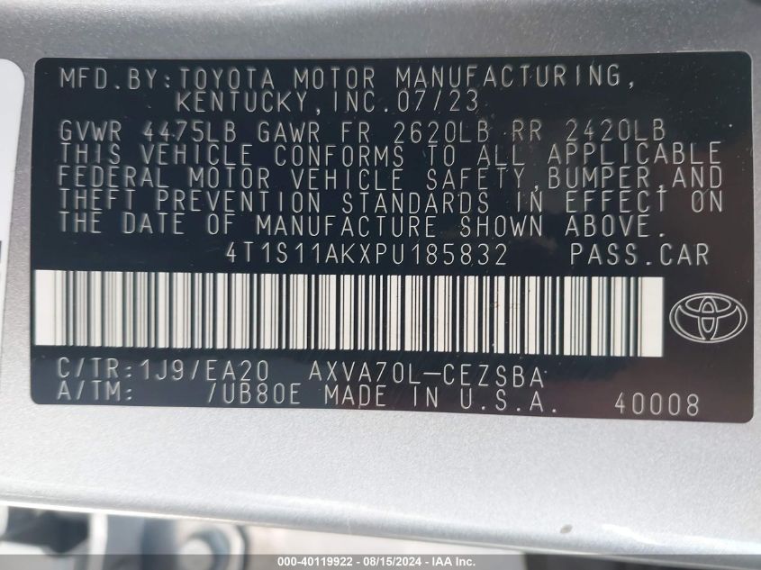 2023 Toyota Camry Se VIN: 4T1S11AKXPU185832 Lot: 40119922