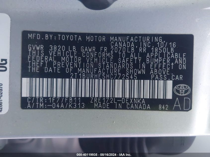 2017 TOYOTA COROLLA LE - 2T1BURHE5HC772545