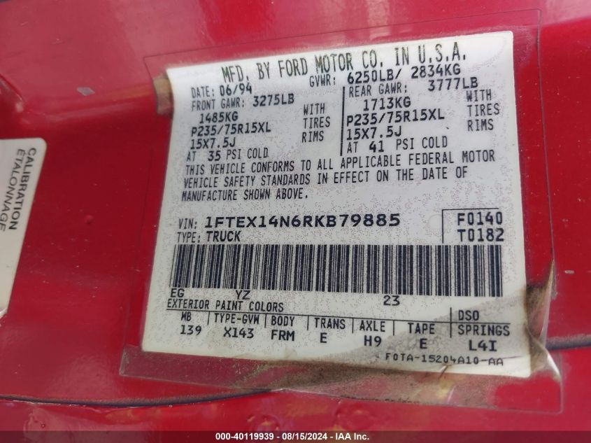 1994 Ford F150 VIN: 1FTEX14N6RKB79885 Lot: 40119939