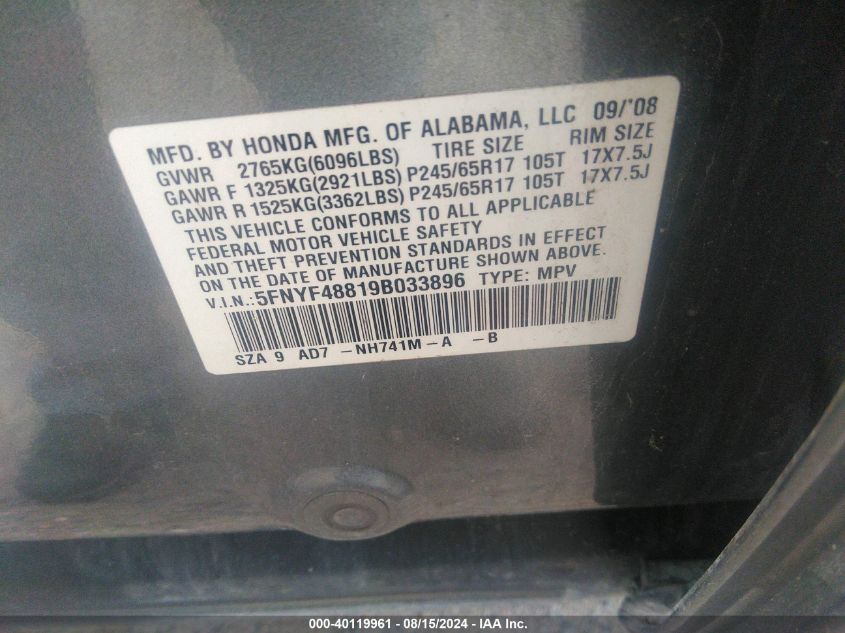 2009 Honda Pilot Touring VIN: 5FNYF48819B033896 Lot: 40119961