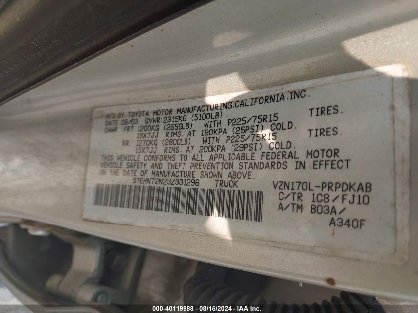 2003 Toyota Tacoma Base V6 VIN: 5TEHN72N23Z301296 Lot: 40119988