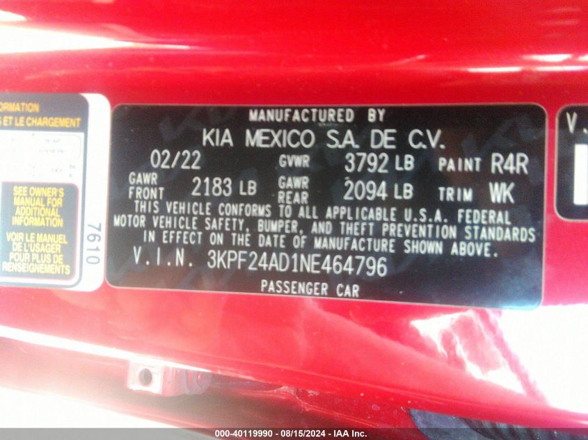 2022 Kia Forte Lxs VIN: 3KPF24AD1NE464796 Lot: 40119990