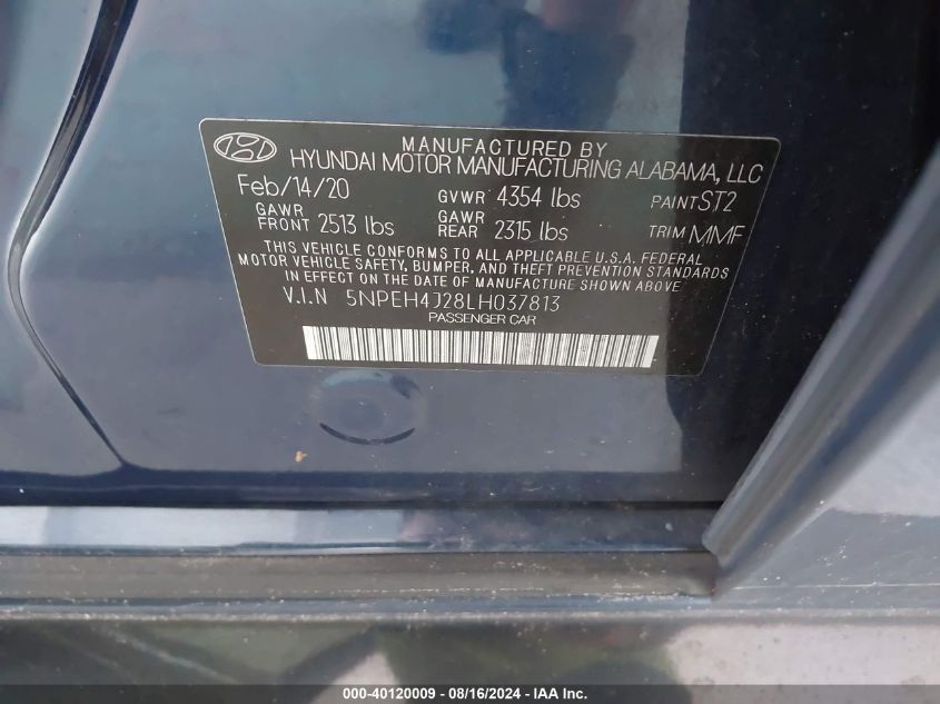 2020 Hyundai Sonata Limited VIN: 5NPEH4J28LH037813 Lot: 40120009