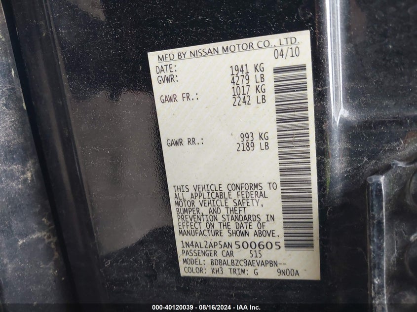 2010 Nissan Altima 2.5 S VIN: 1N4AL2AP5AN500605 Lot: 40120039