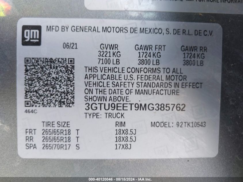 2021 GMC Sierra 1500 4Wd Short Box At4 VIN: 3GTU9EET9MG385762 Lot: 40120046