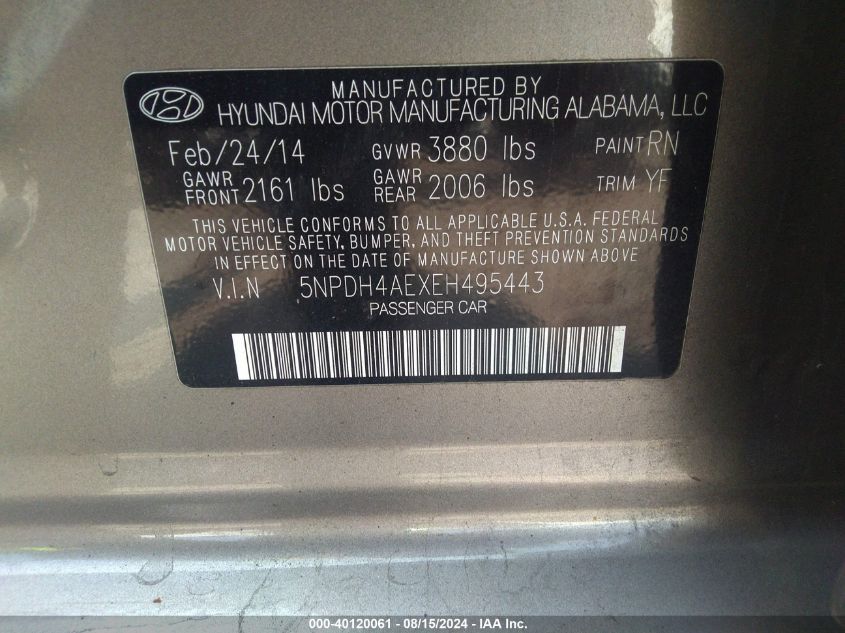 5NPDH4AEXEH495443 2014 Hyundai Elantra Se