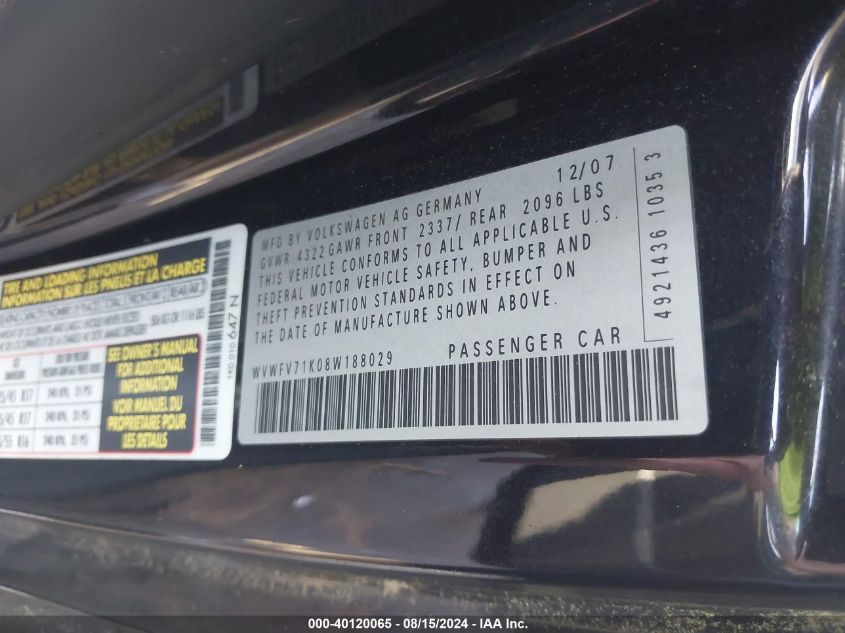 2008 Volkswagen Gti 2-Door VIN: WVWFV71K08W188029 Lot: 40120065