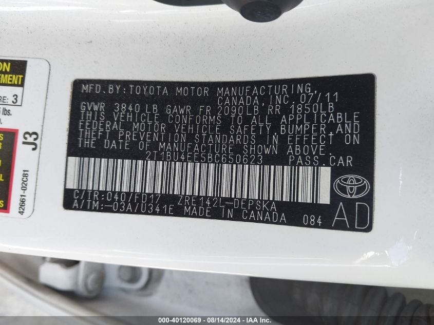 2011 Toyota Corolla S VIN: 2T1BU4EE5BC650623 Lot: 40120069