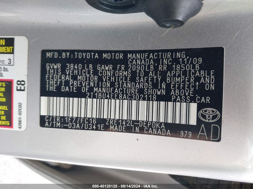 2010 Toyota Corolla Le VIN: 2T1BU4EE8AC302118 Lot: 40120125