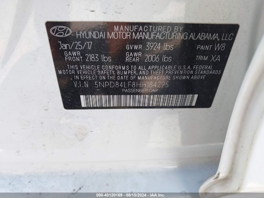 2017 Hyundai Elantra Se VIN: 5NPD84LF8HH184295 Lot: 40120169