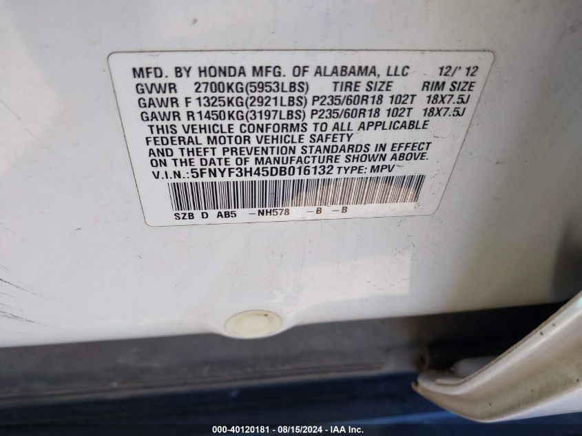 2013 Honda Pilot Ex VIN: 5FNYF3H45DB016132 Lot: 40120181